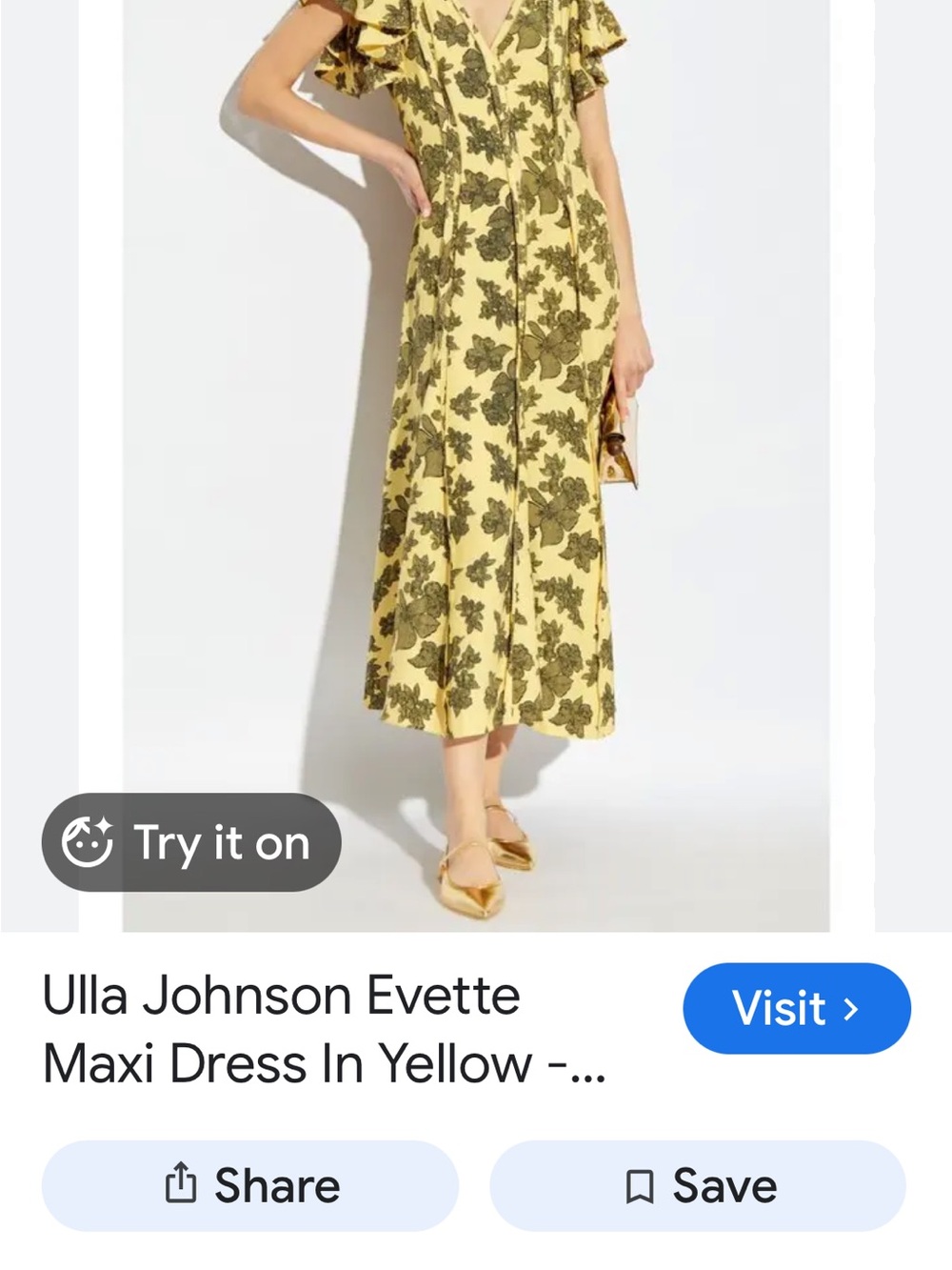Ulla Johnson Yellow Floral Midi Dress with Olive Bouquet Print